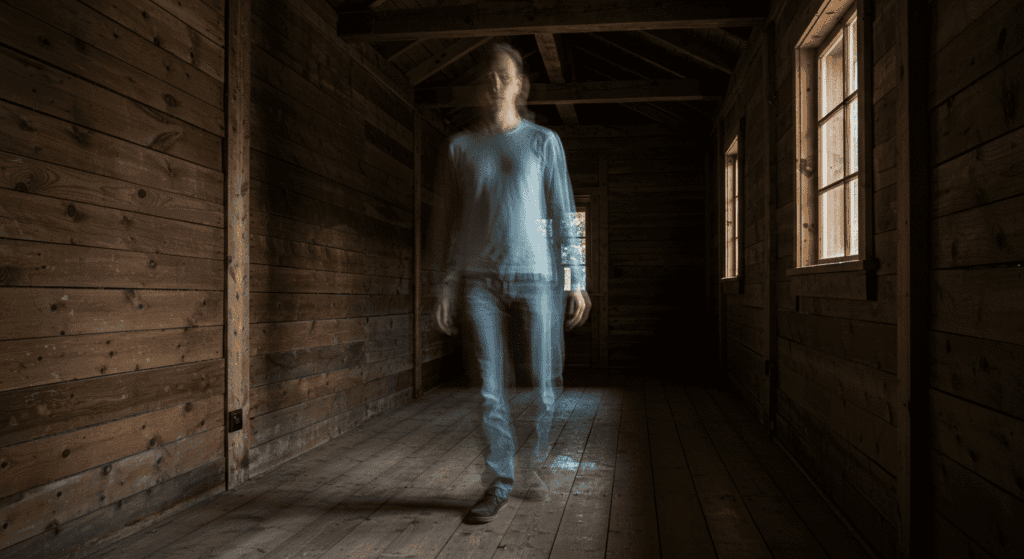 Imagen borrosa de figura fantasmal en pasillo oscuro de madera. Fotografía de larga exposición con efecto misterioso. Ambiente inquietante.