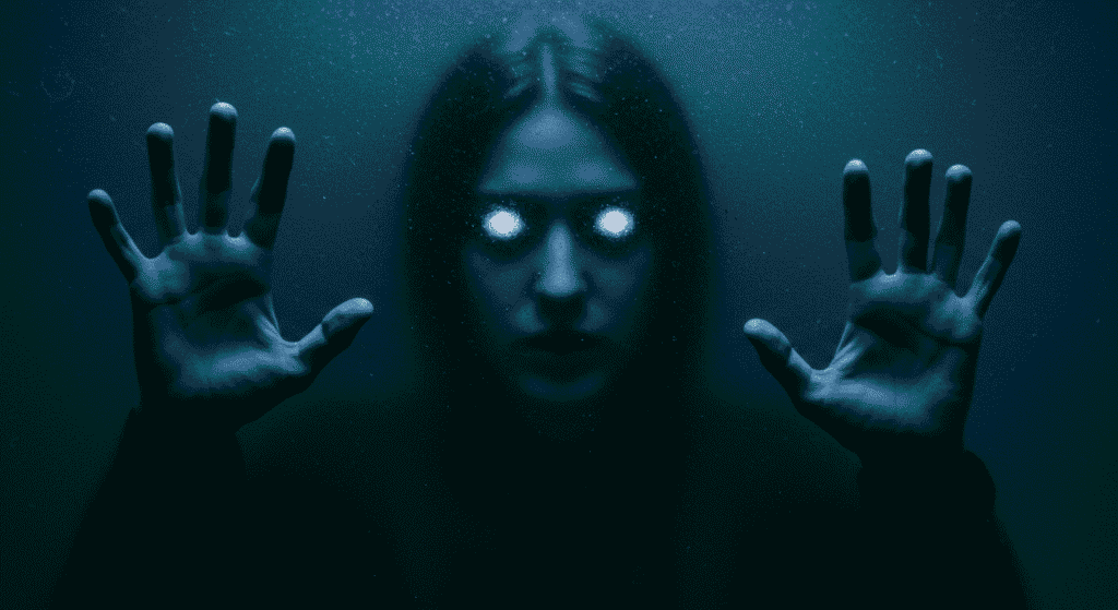 Silueta borrosa con manos detrás de un cristal. Imagen de terror con figura fantasmal tras una superficie opaca. Criatura misteriosa con ojos brillantes detrás de un vidrio.

