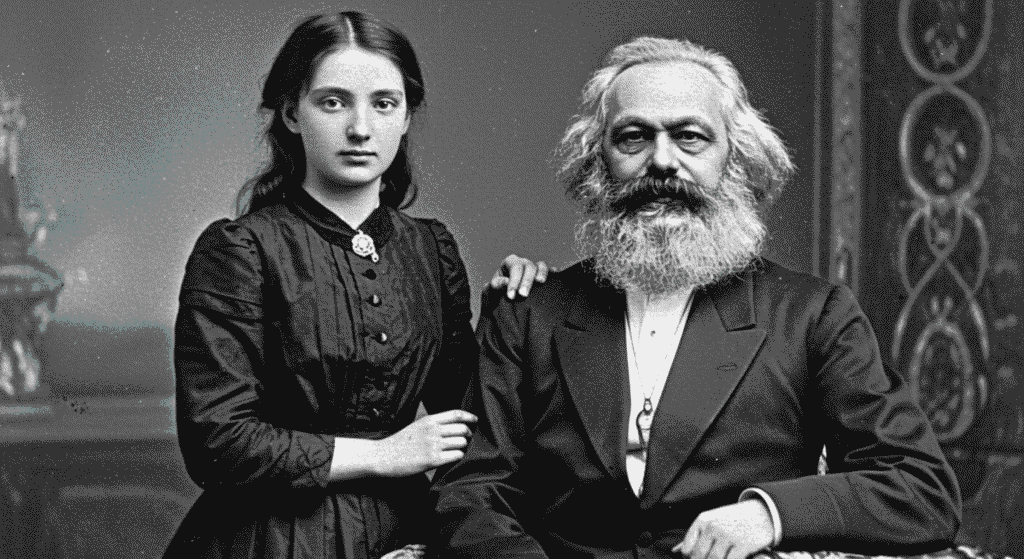¿Quién fue Karl Marx? Vida, ideas y legado del padre del marxismo 5 Fotografía de Karl Marx y su hija Eleanor. Imagen histórica del filósofo y su hija, ideal para contenido sobre historia, filosofía y familia.