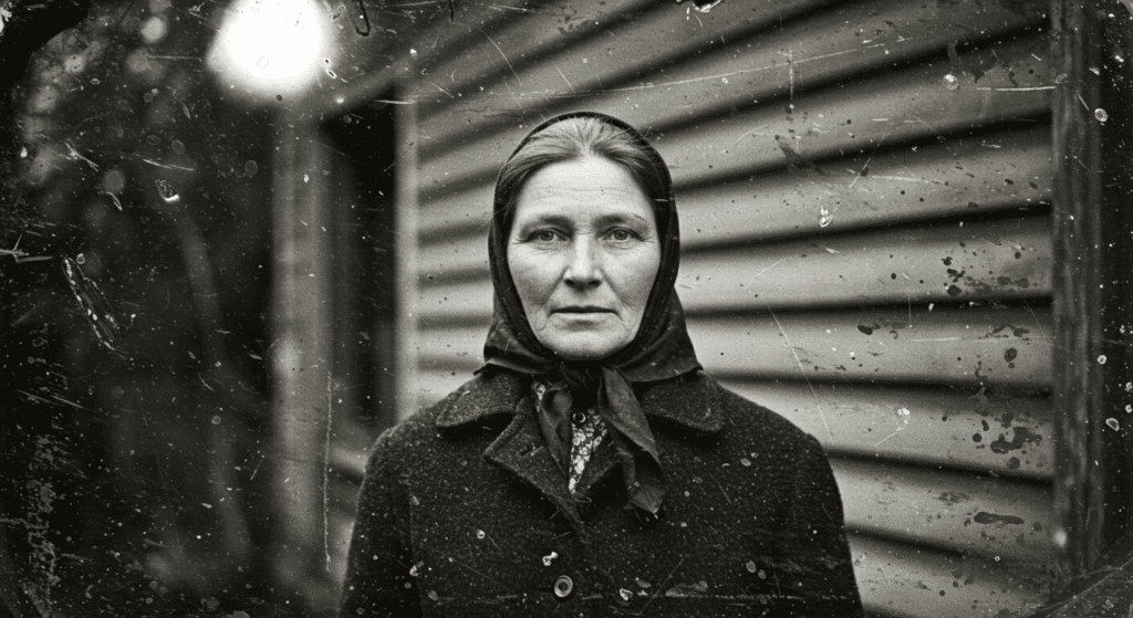 Fotografía antigua en blanco y negro con daños visibles. Retrato antiguo de una mujer con fondo borroso. Imagen deteriorada de una persona con aspecto de época.

