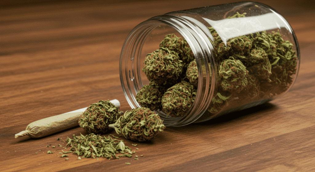 Efectos de la marihuana en la salud: beneficios y riesgos que debes conocer 4 "Primer plano de marihuana: cogollos de cannabis en un frasco de cristal junto a un porro pre-enrollado sobre una mesa de madera. Consumo de cannabis recreativo."