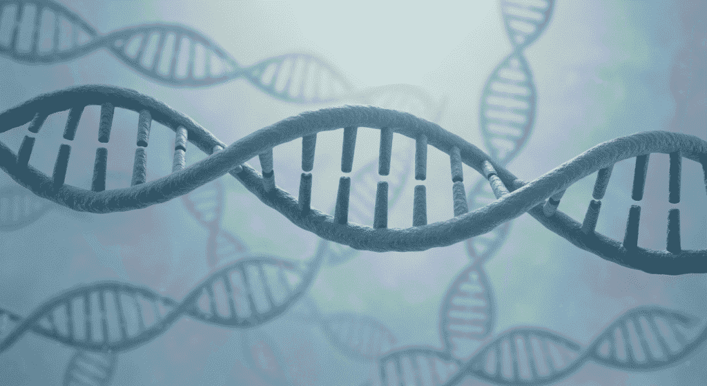 "Representación 3D de hebras de ADN en tonos azules. Imagen conceptual de genética, biotecnología e investigación científica. Fondo nebuloso."