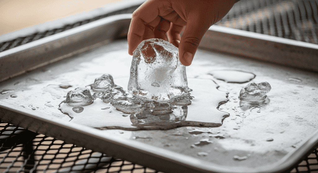 Hielo derritiéndose bandeja metal experimento. Foto de un trozo de hielo derritiéndose sobre una bandeja metálica desgastada. Ilustración del proceso de fusión y cambio de estado del agua.