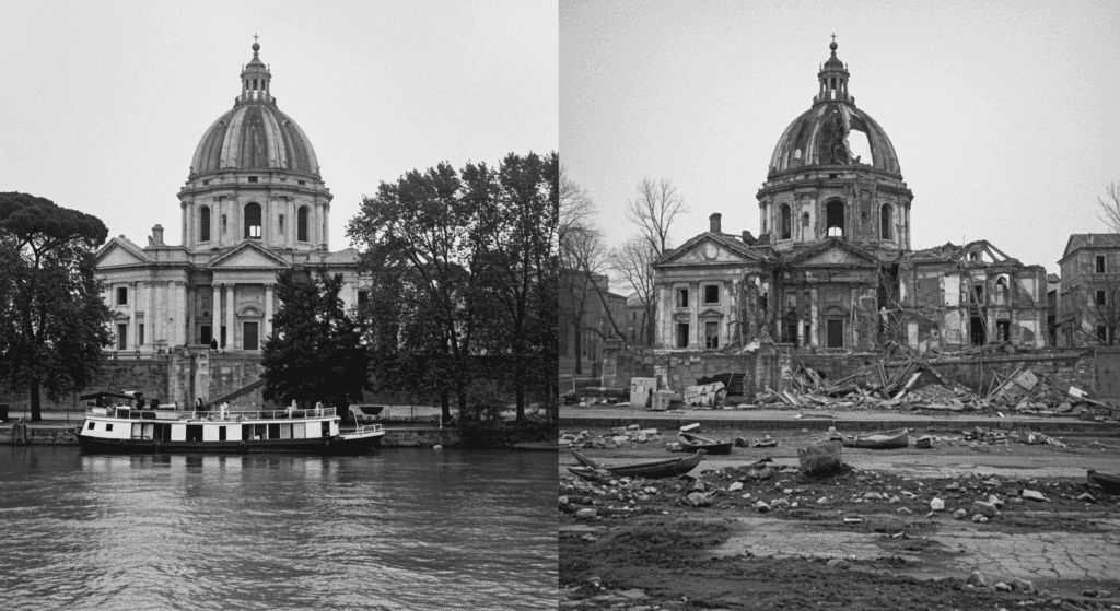 La bomba atómica en Hiroshima: el día en que el sol cayó del cielo 4 "Imagen comparativa antes y después de la bomba atómica en Hiroshima. Fotografía histórica que muestra el edificio antes y en ruinas tras la explosión."