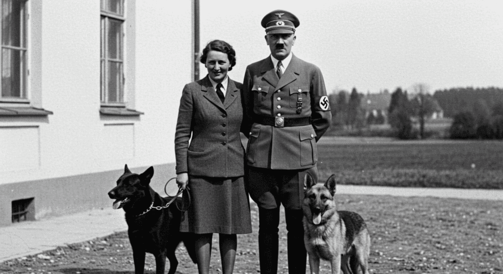 ¿Quién fue Adolf Hitler? Ascenso, dictadura y caída del líder nazi 6 Adolf Hitler con Eva Braun y sus perros. Fotografía histórica de Hitler con sus mascotas. Imagen en blanco y negro de Hitler, Eva Braun y perros frente a su residencia.