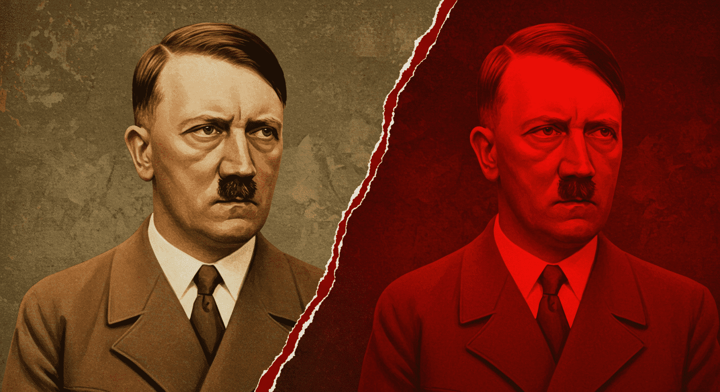 Retrato dividido de Adolf Hitler en dos facetas contrastantes. Imagen conceptual de Hitler mostrando su dualidad. Fotografía de Adolf Hitler con efecto de rasgado y colores opuestos.