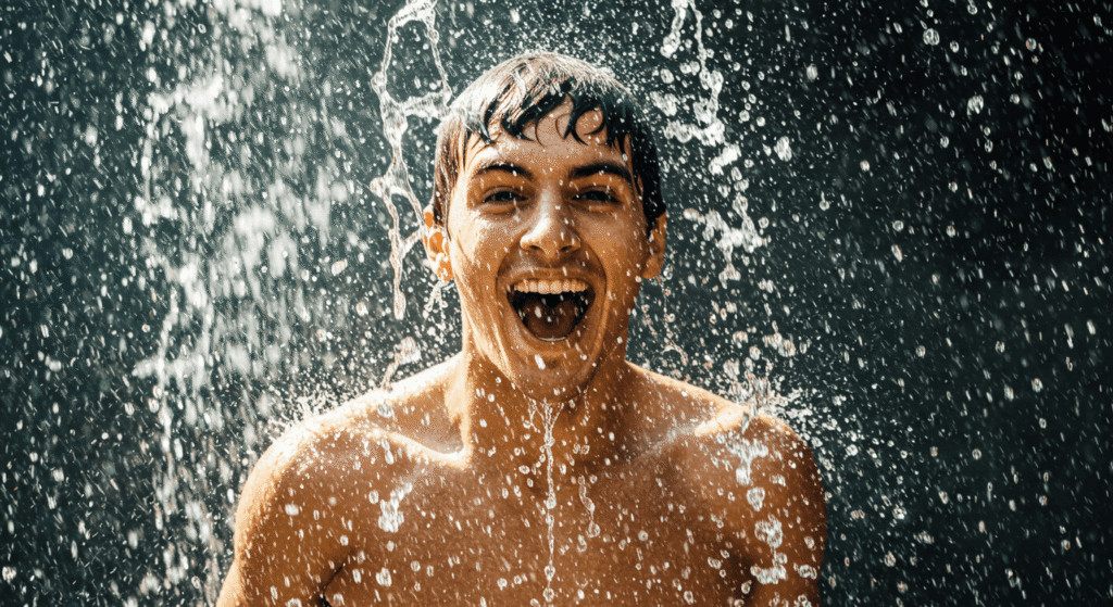Hombre joven disfrutando de la lluvia o cascada. Expresión de alegría y libertad.

