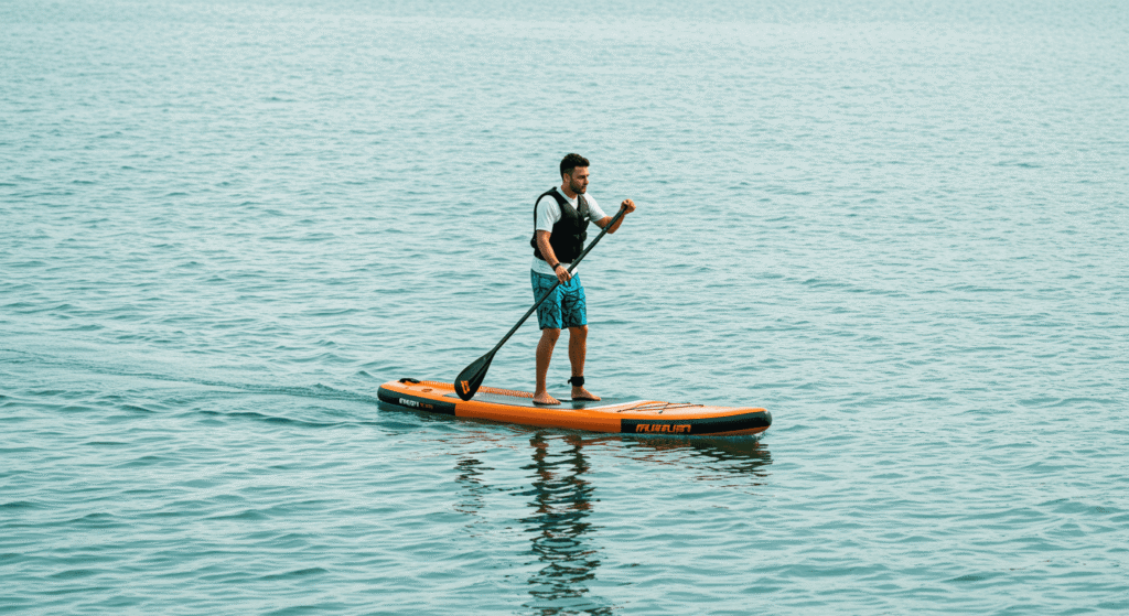 Hombre practicando paddle surf en aguas tranquilas. Deporte acuático, tabla naranja.

