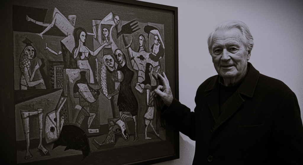5 pintores surrealistas que transformaron el arte con su visión única 5 "Fotografía en blanco y negro de un hombre junto a una pintura abstracta enmarcada. Arte y cultura, exposición artística."