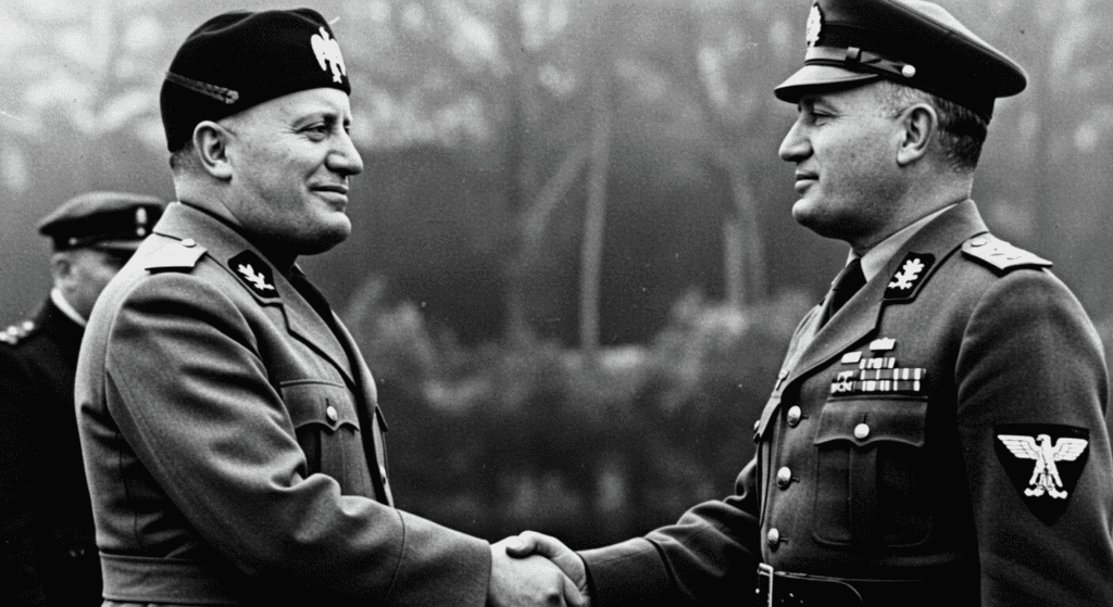 ¿Quién fue Benito Mussolini? Vida, poder y caída del dictador italiano 7 Fotografía en blanco y negro de dos hombres con uniformes militares estrechando sus manos. Imagen histórica de líderes militares de la época.