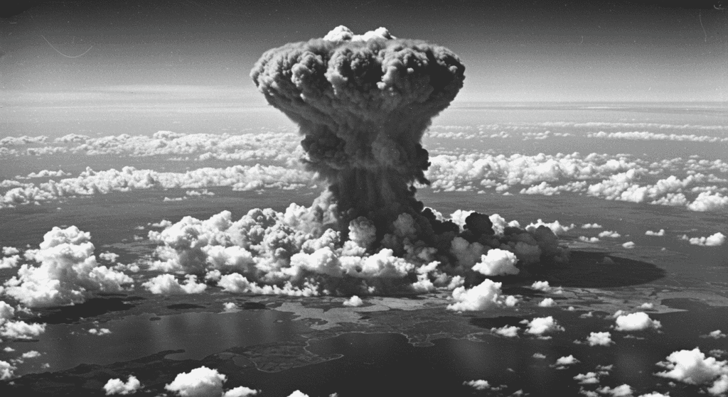 La bomba atómica en Hiroshima: el día en que el sol cayó del cielo 5 "Fotografía aérea en blanco y negro de una explosión nuclear con nube de hongo. Imagen histórica de la detonación con vista desde un avión."