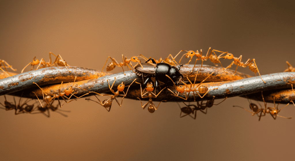 "Fotografía macro de hormigas naranjas trabajando en equipo sobre un cable de metal oxidado. Algunas hormigas transportan un insecto negro. Imagen ideal para temas de naturaleza, trabajo en equipo e insectos."