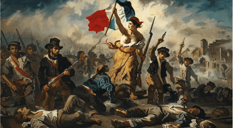 "Reproducción de la pintura 'La Libertad guiando al pueblo' de Delacroix. Escena de la Revolución Francesa con multitud y la bandera tricolor. Accesible y optimizada SEO."