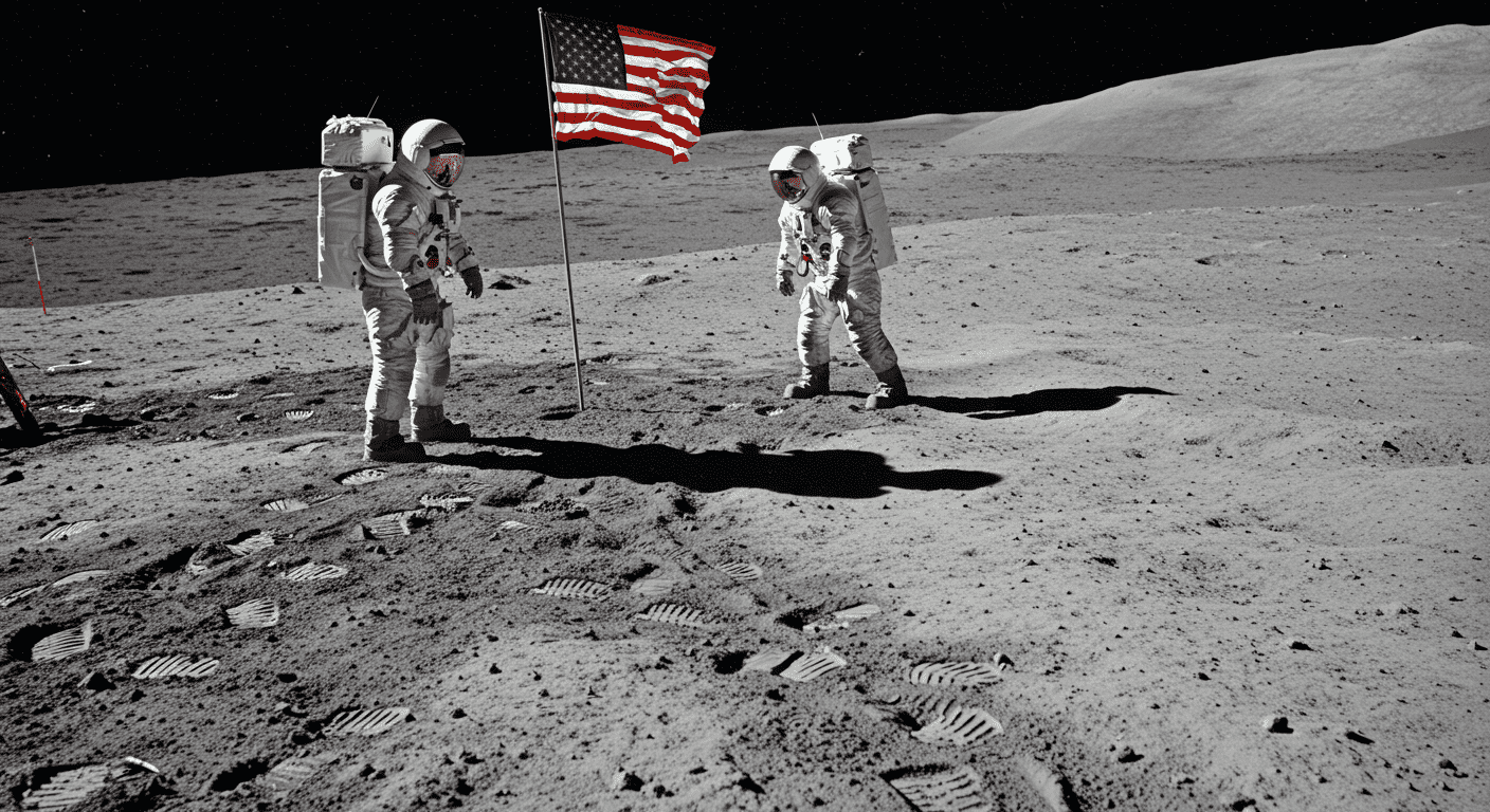 Fotografía de astronautas plantando la bandera en la Luna. Imagen histórica de la misión Apolo para contenido de exploración espacial. Accesible para personas con discapacidad visual.