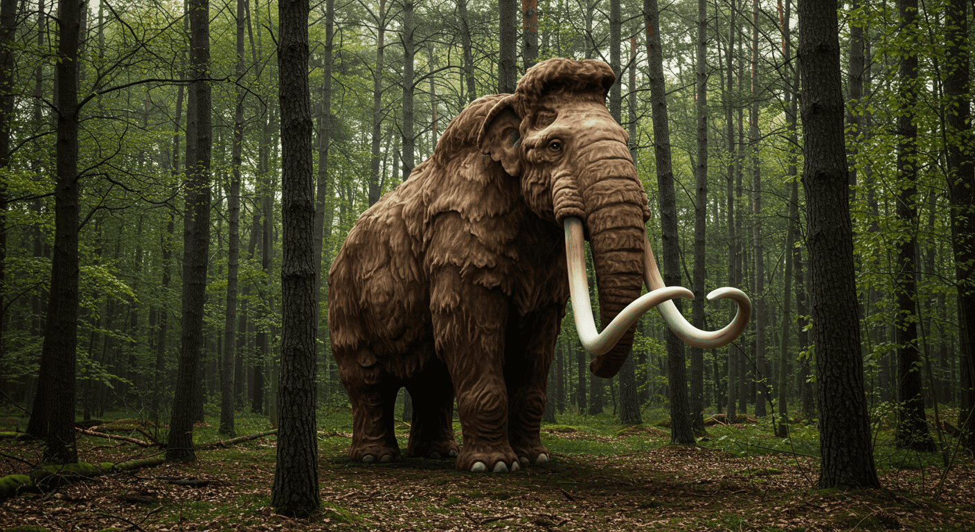 Mamut lanudo en bosque con tigre descansando. Naturaleza prehistórica, animales salvajes.