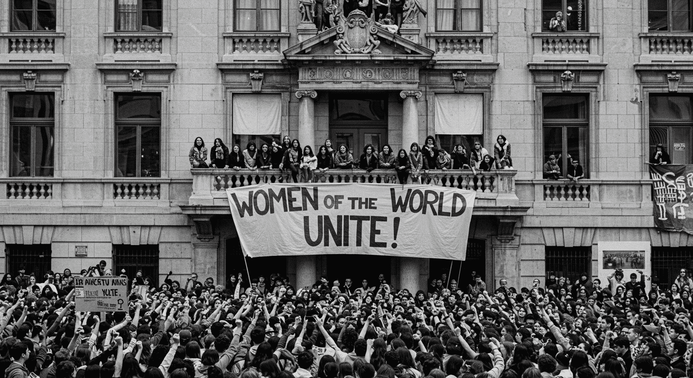 "Fotografía en blanco y negro de una manifestación feminista. Imagen de una multitud protestando con un cartel que dice 'Mujeres del Mundo Uníos'. Ideal para contenido sobre historia, feminismo y movimientos sociales."