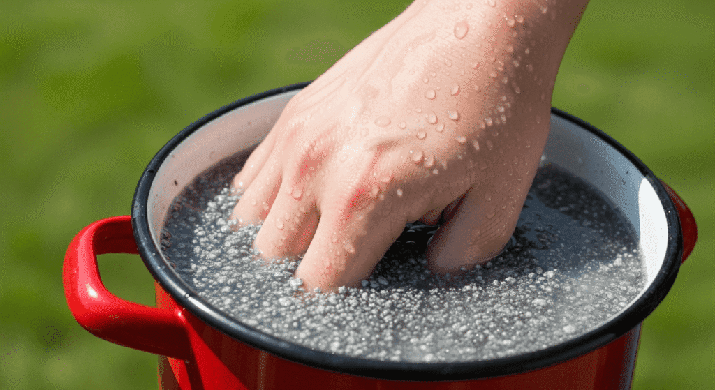 Mano líquido partículas metálicas experimento ciencia. Imagen de una mano dentro de una olla con líquido y partículas metálicas, mostrando un experimento o proceso científico. Ideal para contenido sobre química, materiales y experimentos caseros.