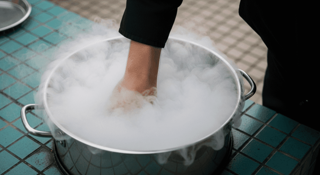 Mano vapor olla nitrógeno líquido experimento. Foto de una mano introduciéndose en una olla llena de vapor, posible experimento con nitrógeno líquido. Ideal para contenido sobre criogenia, física y demostraciones científicas.