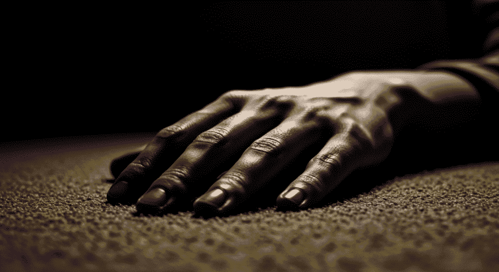 Mano en reposo, fotografía en tonos sepia. Imagen conceptual de descanso, vulnerabilidad o desesperación. Detalle de mano sobre textura suave.