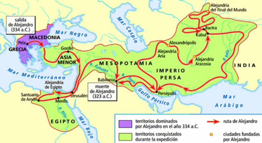 ¿Quién fue Alejandro Magno? Vida y conquistas del gran conquistador 7 Mapa de la ruta y conquistas de Alejandro Magno. Ilustración histórica de su imperio y expediciones