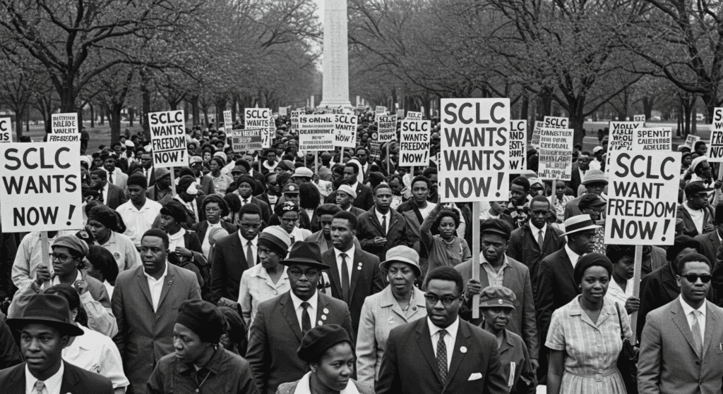 ¿Quién fue Martin Luther King? El líder que soñó con la igualdad 4 Marcha por los derechos civiles. Imagen histórica en blanco y negro de una manifestación pacífica por la igualdad y la libertad.