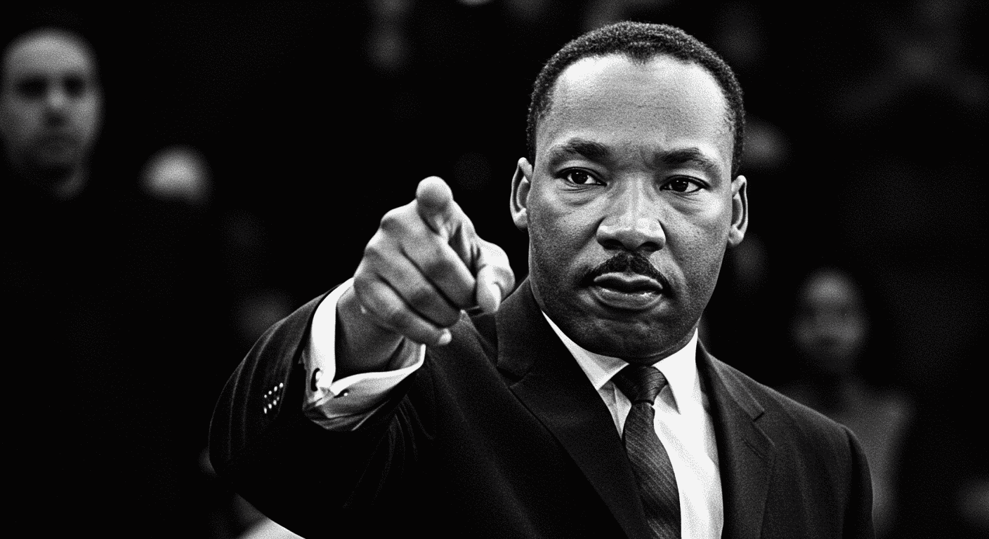 Imagen en blanco y negro de Martin Luther King, Jr. apuntando al frente. Foto del líder de los derechos civiles con expresión seria.
