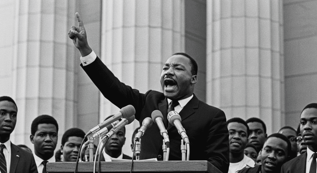 ¿Quién fue Martin Luther King? El líder que soñó con la igualdad 5 Martin Luther King Jr. dando un discurso. Imagen histórica en blanco y negro del líder de los derechos civiles pronunciando un discurso apasionado.