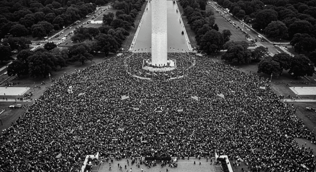 ¿Quién fue Martin Luther King? El líder que soñó con la igualdad 7 Imagen compuesta de Martin Luther King Jr. dando un discurso. Foto en blanco y negro mostrando un discurso y multitud que lo escucha atentamente.