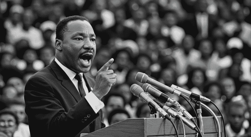 ¿Quién fue Martin Luther King? El líder que soñó con la igualdad 6 Foto de Martin Luther King, Jr. dando un discurso. Imagen en blanco y negro del líder de los derechos civiles pronunciando un discurso en un podio.