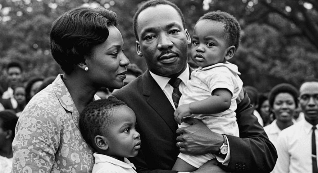 ¿Quién fue Martin Luther King? El líder que soñó con la igualdad 2 Martin Luther King Jr. con su familia. Imagen en blanco y negro del líder de derechos civiles con su esposa e hijos.