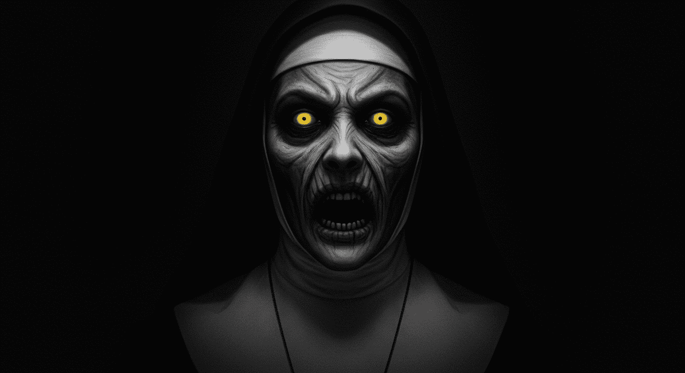 Monja demoníaca con ojos brillantes en la oscuridad. Imagen de terror con monja fantasmal. Horror sobrenatural, monja espectral.