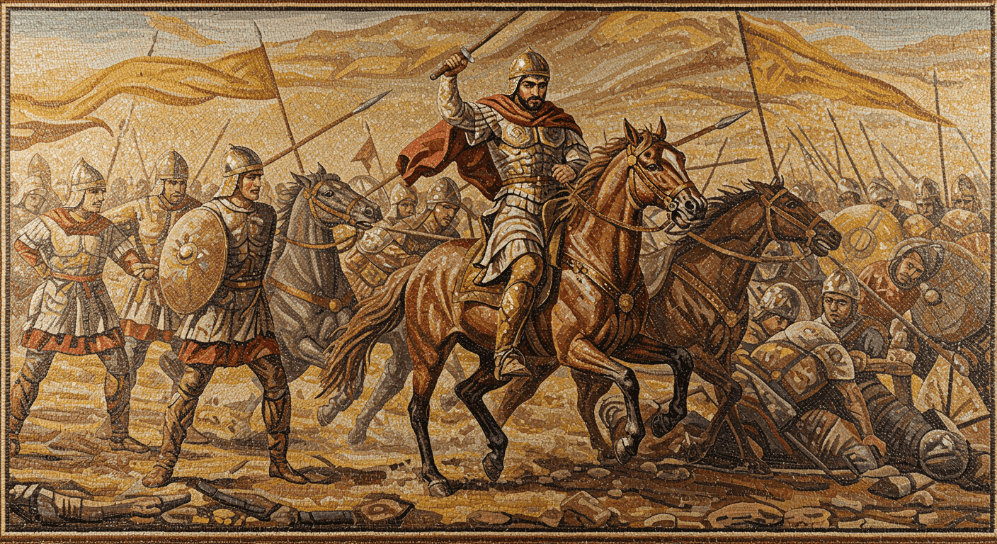 Mosaico antiguo representando una batalla histórica. Obra de arte con guerreros y caballos en tonos terrosos