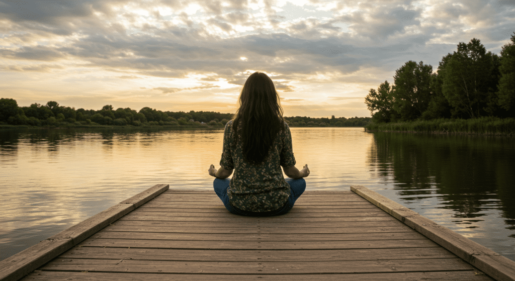 Mujer meditando en muelle de madera frente a lago. Atardecer, relajación.

