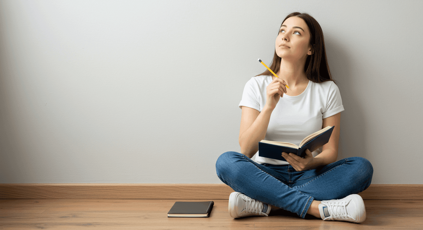 "Mujer sentada pensando con cuaderno y lápiz. Joven en actitud reflexiva con pared gris de fondo. Ideal para creatividad, escritura y estudiantes."