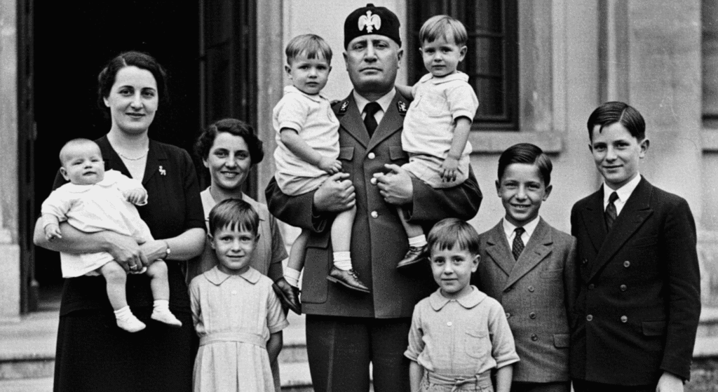 ¿Quién fue Benito Mussolini? Vida, poder y caída del dictador italiano 6 Fotografía antigua de Benito Mussolini con su familia. El dictador italiano posa con su esposa e hijos frente a un edificio. Retrato familiar histórico de la época fascista.