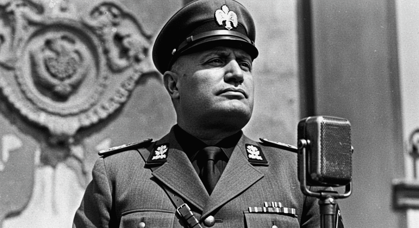 Retrato en blanco y negro de Benito Mussolini con uniforme militar y micrófono. El dictador italiano luce serio y confiado. Imagen histórica del fascismo.