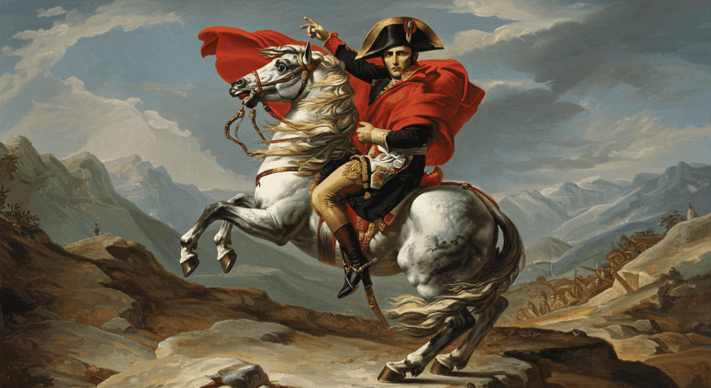 ¿Quién fue Napoleón Bonaparte? Ascenso, imperio y caída del líder francés 3 "Pintura de Napoleón Bonaparte a caballo. El emperador francés en una pose heroica sobre un caballo blanco. Imagen accesible y optimizada para SEO."