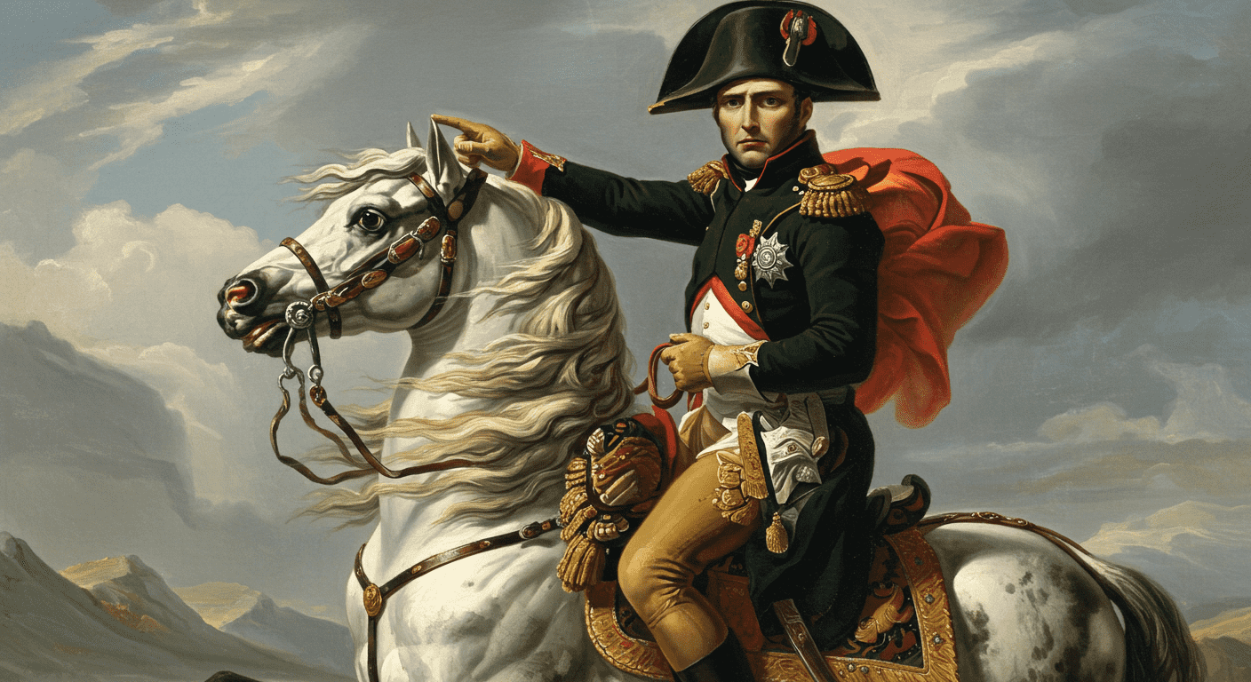 "Pintura de Napoleón Bonaparte a caballo blanco. El emperador francés señala hacia adelante con un uniforme militar detallado. Imagen accesible y optimizada para SEO."