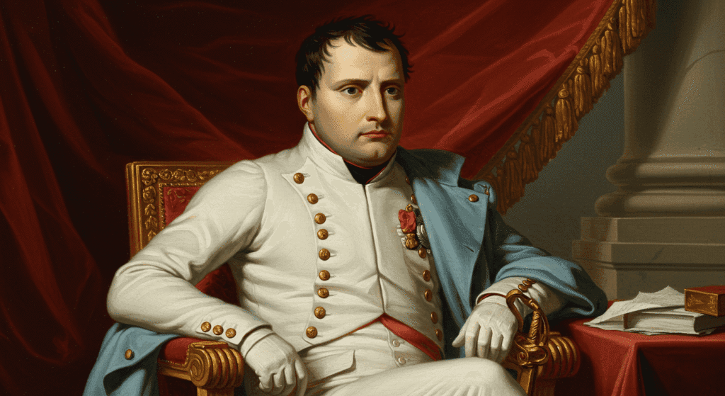¿Quién fue Napoleón Bonaparte? Ascenso, imperio y caída del líder francés 2 "Retrato de Napoleón Bonaparte sentado. El emperador francés vestido con un uniforme blanco y abrigo azul. Imagen accesible y optimizada para SEO."