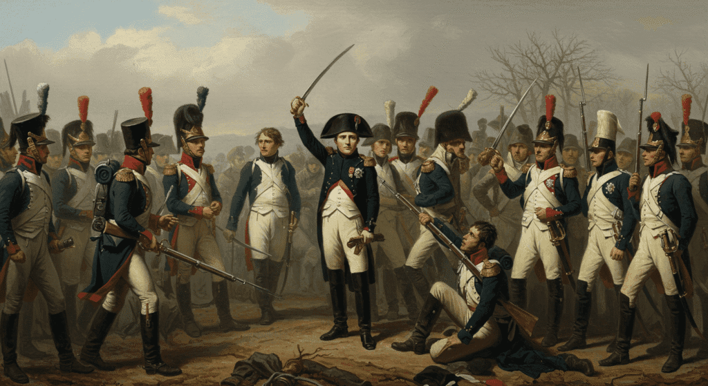 ¿Quién fue Napoleón Bonaparte? Ascenso, imperio y caída del líder francés 7 "Pintura de Napoleón Bonaparte rodeado de sus tropas. La escena representa un momento de celebración o victoria militar con el emperador francés en el centro. Imagen accesible y optimizada para SEO."