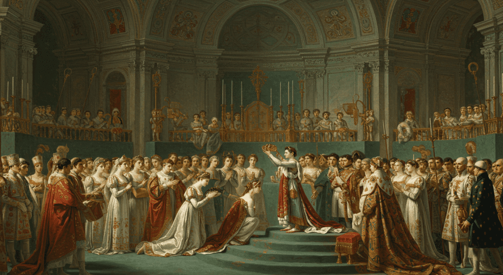 ¿Quién fue Napoleón Bonaparte? Ascenso, imperio y caída del líder francés 5 "Pintura de la coronación de Napoleón Bonaparte. El emperador francés coronándose a sí mismo en una ceremonia con figuras religiosas y de la corte. Imagen accesible y optimizada para SEO."