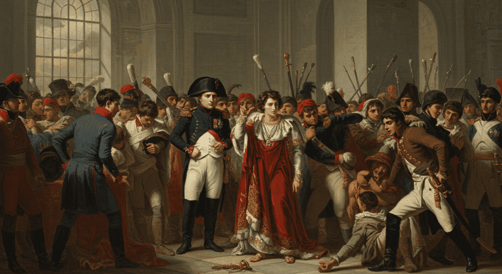 ¿Quién fue Napoleón Bonaparte? Ascenso, imperio y caída del líder francés 6 "Pintura de Napoleón Bonaparte en una reunión tumultuosa. El emperador francés se encuentra rodeado de figuras políticas y militares en un ambiente de tensión. Imagen accesible y optimizada para SEO."