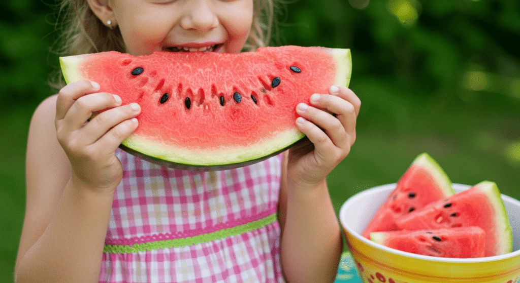 "Niña comiendo sandía en verano, disfrutando de una fruta fresca. Vestido rosa y ambiente natural. Alimentación saludable y recreación infantil."