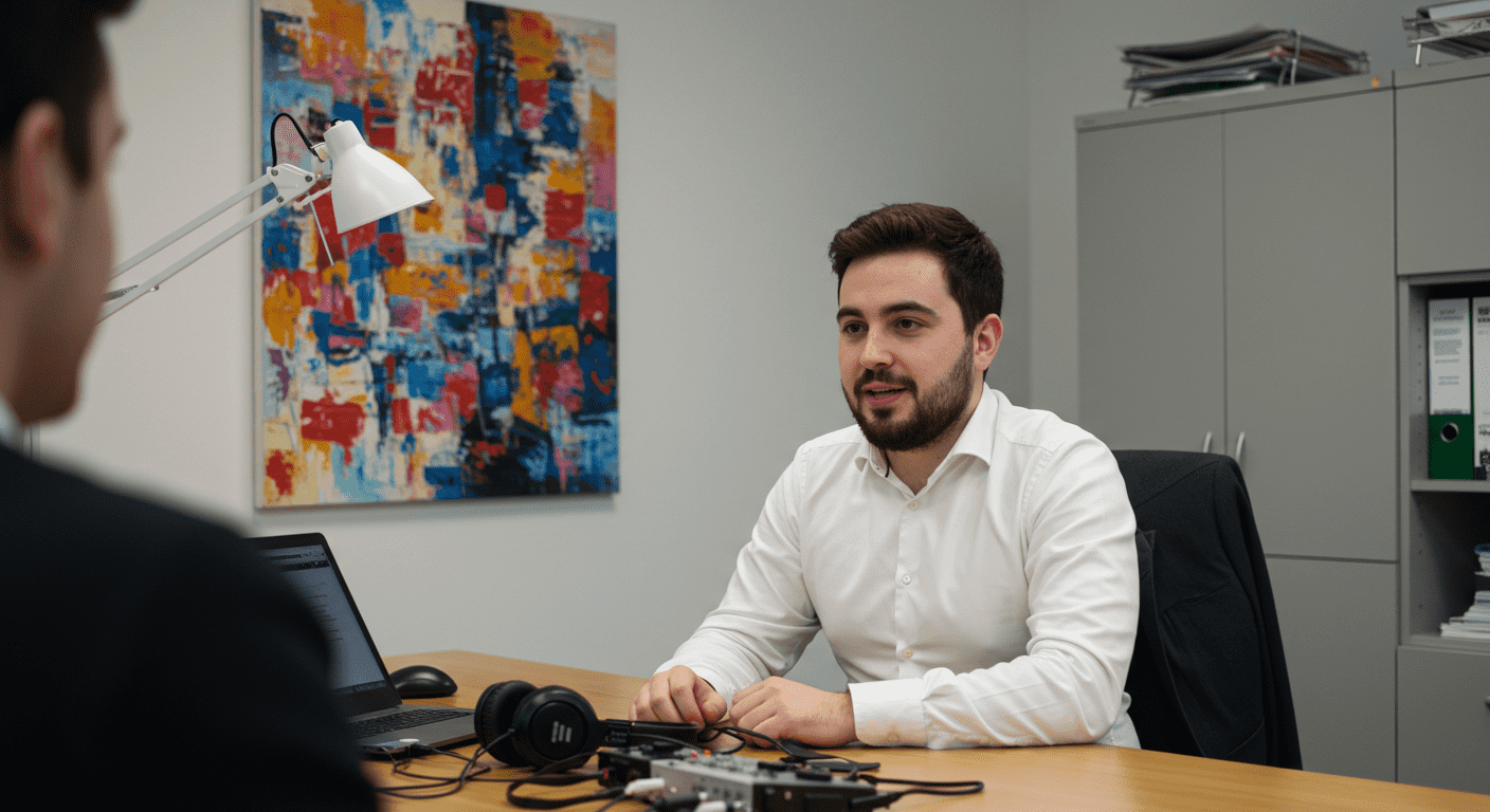 ¿Cómo afecta la marihuana al cerebro? Efectos positivos y negativos 6 Imagen de un joven profesional en una entrevista o reunión de trabajo en una oficina moderna.