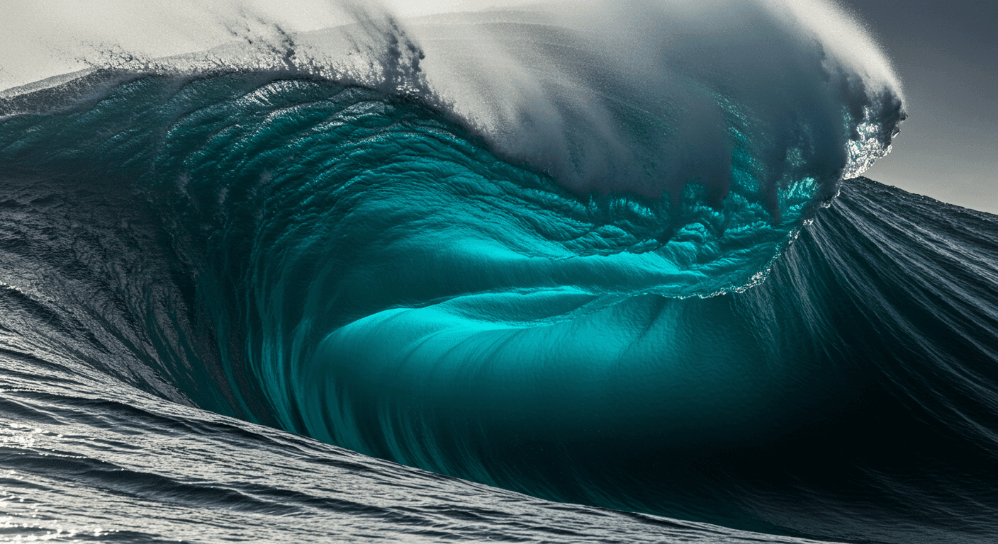 Primer plano de una ola gigante del océano en pleno movimiento, rizándose antes de romper. El agua muestra tonos de azul intenso y turquesa brillante en el interior, con abundante espuma blanca en la cresta y la base, mostrando la fuerza del mar.