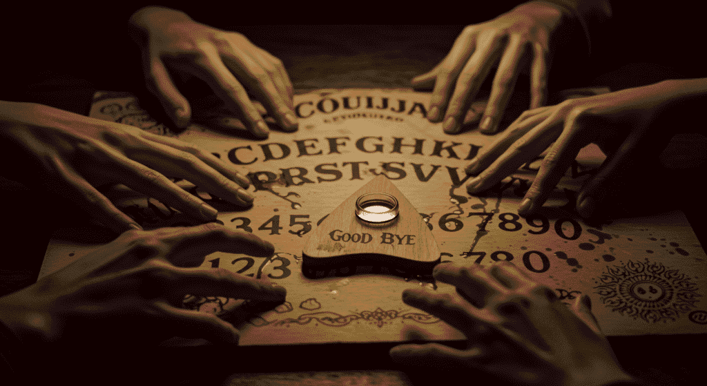 Imagen de tablero Ouija con manos y sangre. Tablero de espiritismo utilizado en sesión. Juego paranormal con connotaciones siniestras.