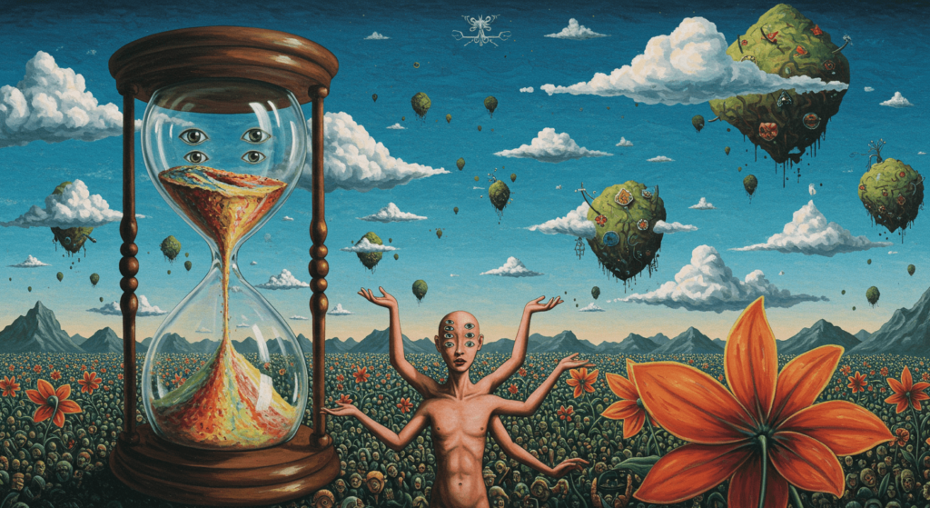 5 pintores surrealistas que transformaron el arte con su visión única 1 "Pintura surrealista con un reloj de arena, figura con múltiples brazos y ojos, paisaje fantástico con islas flotantes. Arte onírico, imaginación visual."