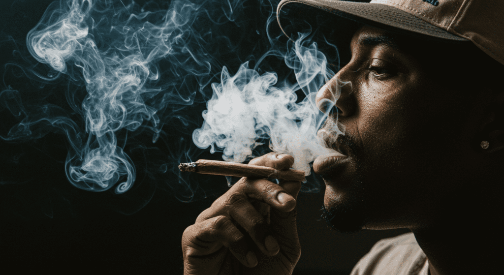 Efectos de la marihuana en la salud: beneficios y riesgos que debes conocer 7 "Persona fumando un cigarrillo o porro, exhalando humo. Primer plano de rostro parcialmente cubierto. Fondo oscuro. Estilo de vida."