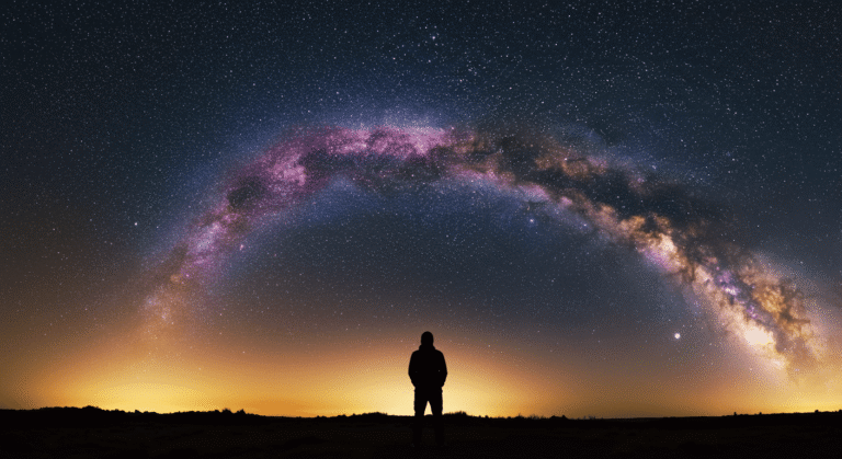 "Silueta de persona admirando la Vía Láctea. Imagen nocturna con cielo estrellado y colores vibrantes. Fotografía de astronomía, cielo nocturno, estrellas y paisaje. Ideal para temas de exploración espacial, ciencia y naturaleza."