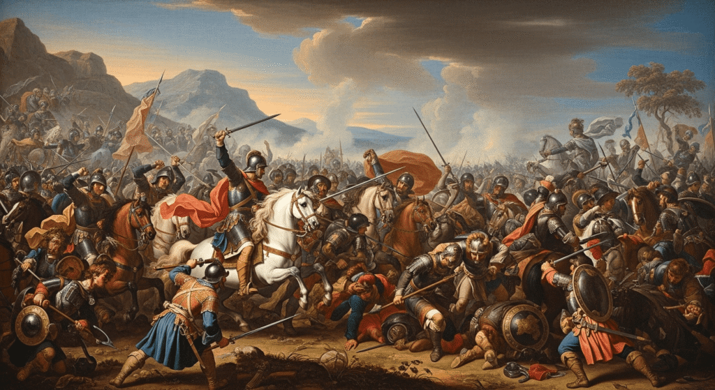¿Quién fue Alejandro Magno? Vida y conquistas del gran conquistador 4 Pintura de una batalla histórica con soldados y caballos. Representación artística de un conflicto bélico